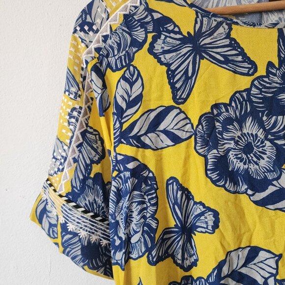 Womens Vineet Bahl Small Floral Short Sleeve Tie Waist Yellow Blue - Picture 4 of 9